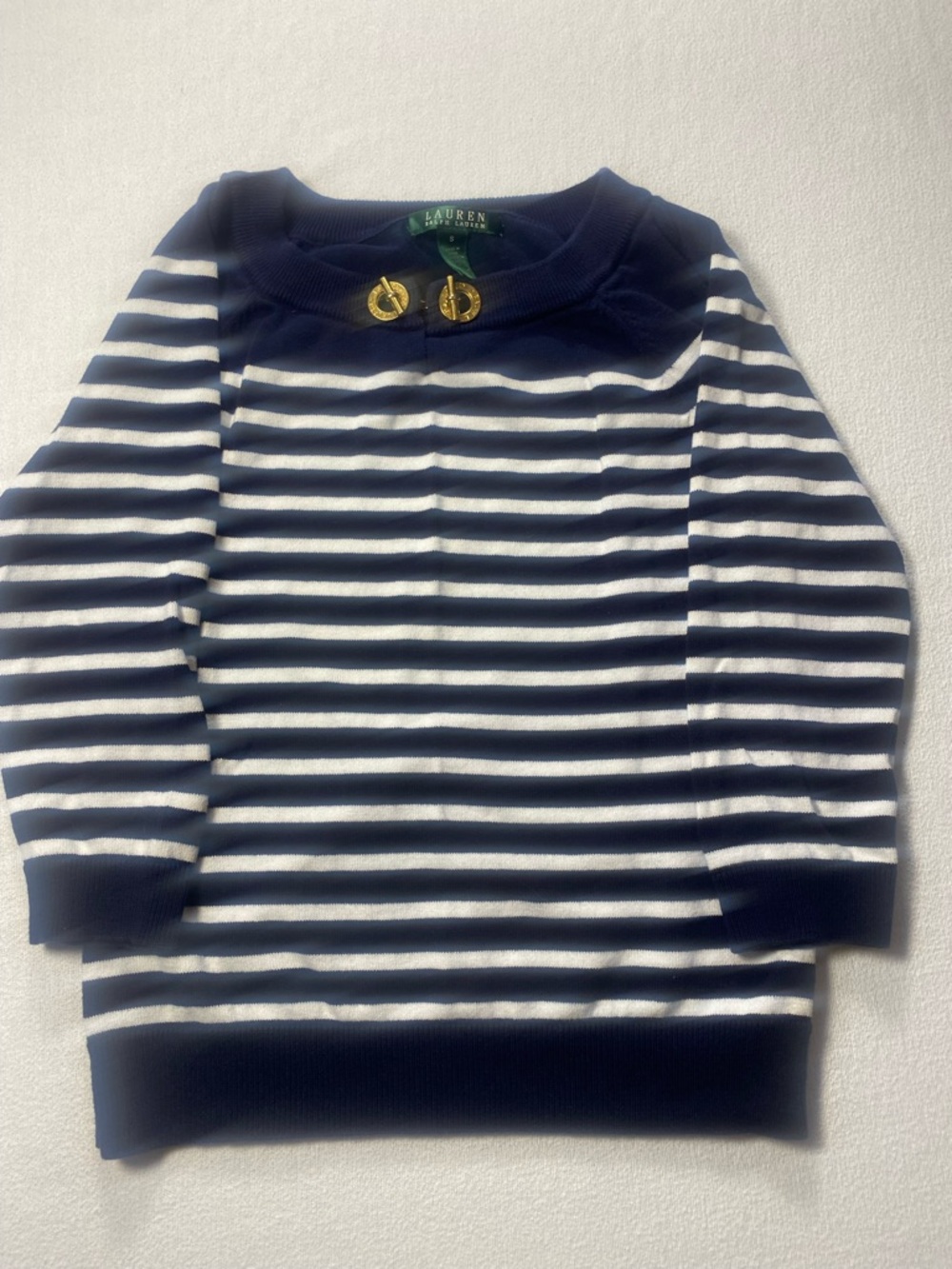 Ralph Lauren Navy and White Striped Knit Sweater with Gold Accent